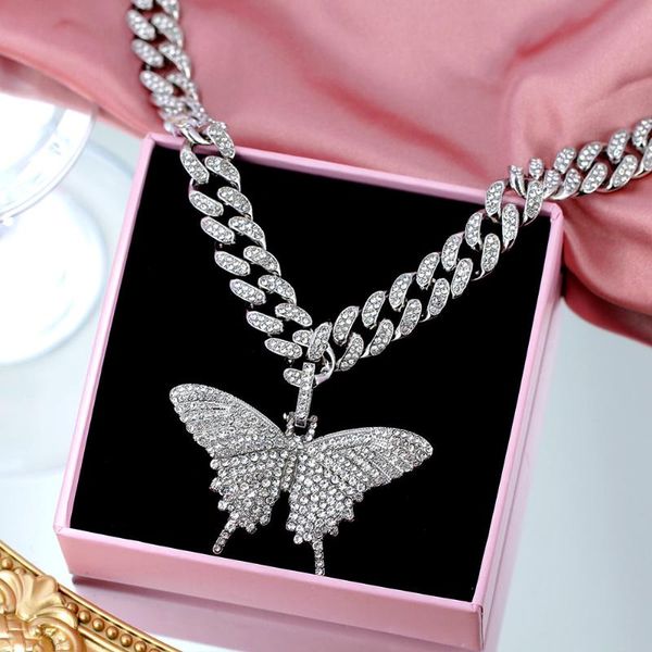 

chains caraquet luxury miami cuban link chain necklaces for women bling rhinestone big butterfly pendant necklace fashion jewelry, Silver