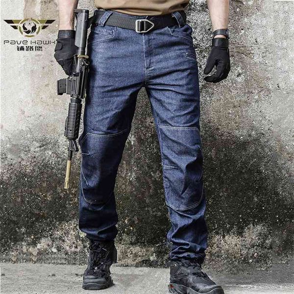 

army combat denim jeans men wearable special force flexible military jeans tactical swat multi pocket cotton pants 210331, Blue
