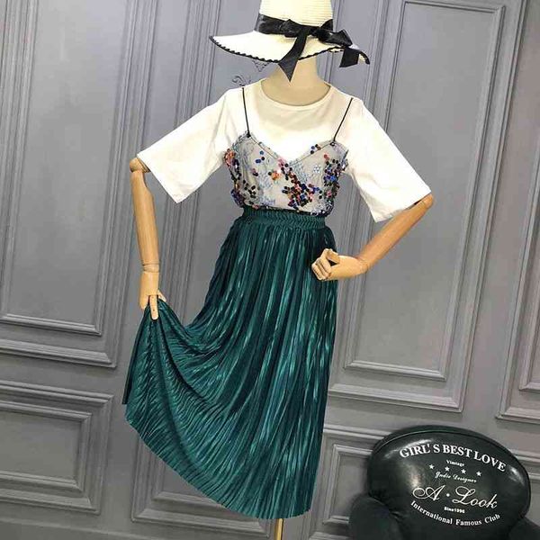 

trendy summer women patchwork mesh t-shirt + beautiful pleated skirt 2 pcs sets 210428, White