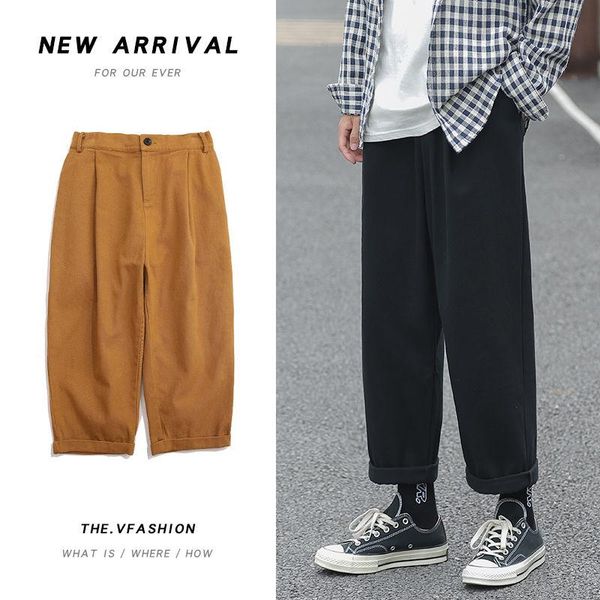 

spring cotton straight trousers men's fashion solid color casual pants men streetwear wild loose wide leg mens m-5xl, Black