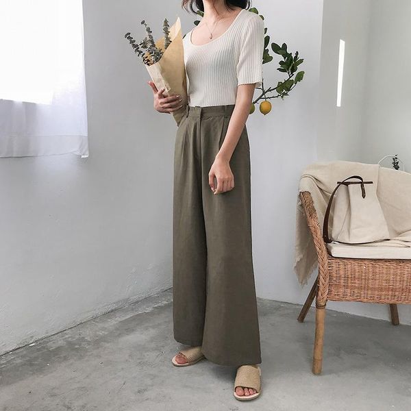 

women's pants & capris fashion high waiste ladies wide leg ankle-length pleated summer trousers womens loose pockets women clothing 202, Black;white