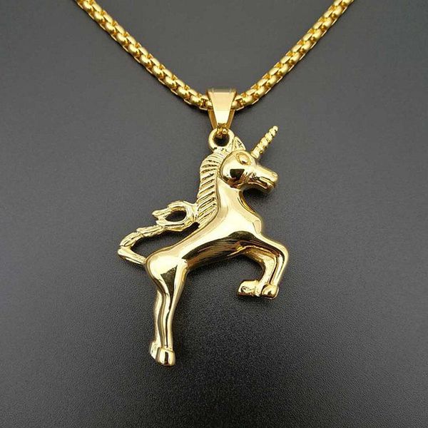 

pendant necklaces hip hop inlaid zircon rhinestone bling iced out stainless steel horse head pendants for men rapper jewelry, Silver