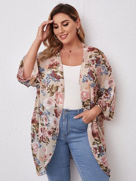 

plus drop shoulder floral kimono 63up#, Black