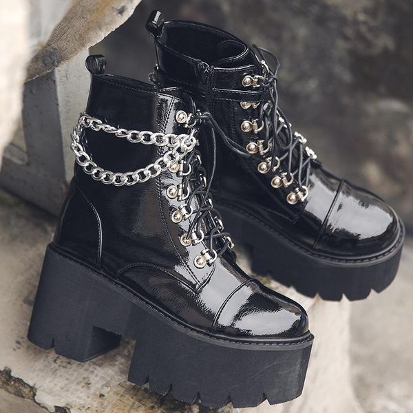 

boots women gothic ankle zip punk style platform shoes goth winter lace-up booties chunky heel chain 2021, Black