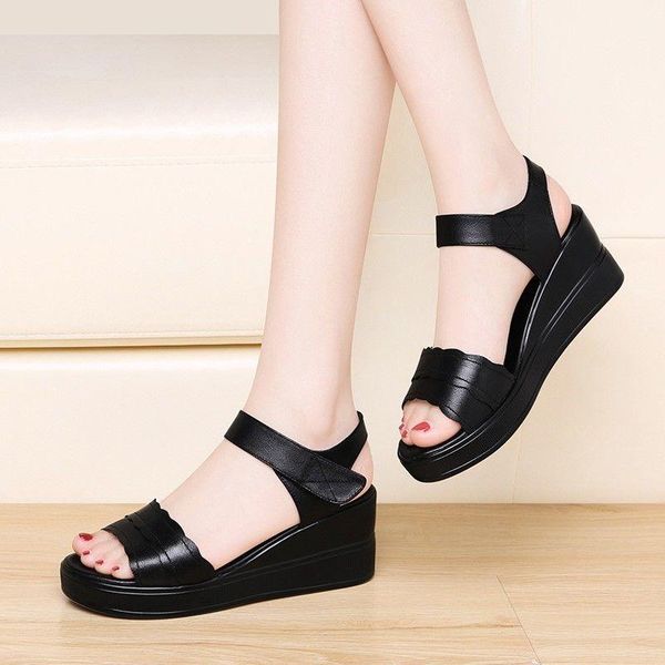 

sandals strange mature wedges women shoes summer fashion peep toe genuine leather breathable zapatillas mujer, Black
