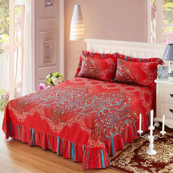

sheets & sets luxury red bed skirt 100% cotton stylish ruffled bedspread wedding fitted sheet cover soft non-slip king queen 250x270cm