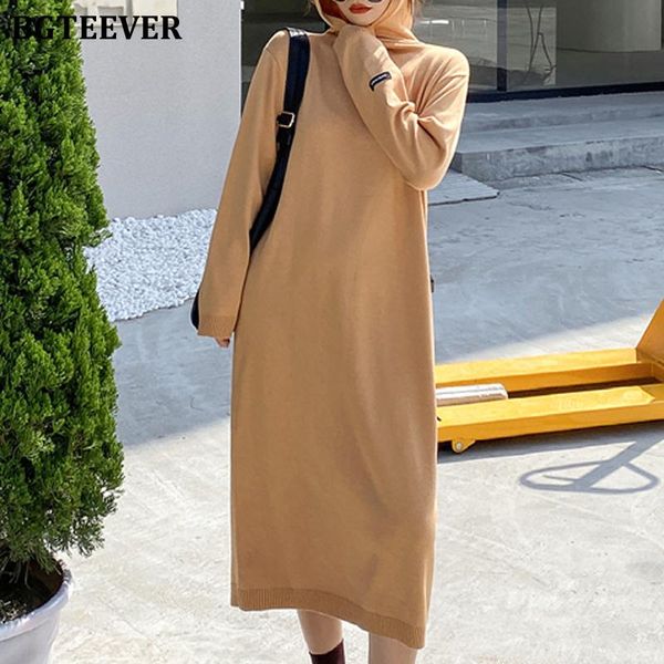 

casual dresses bgteever stylish chic hooded ladies solid knitted long dress 2021 autumn loose full sleeve female sweater vestidos, Black;gray