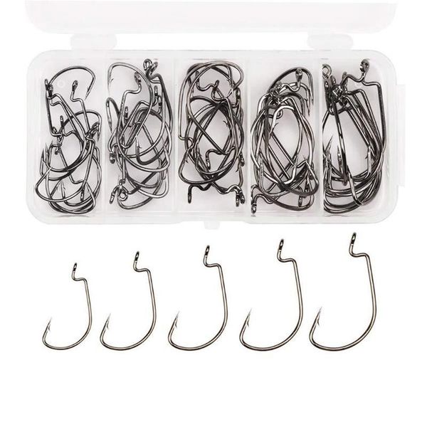 

50pcs / lot sea offset hook carp snap fishing large soft bait hooks red black wide belly crank boxed