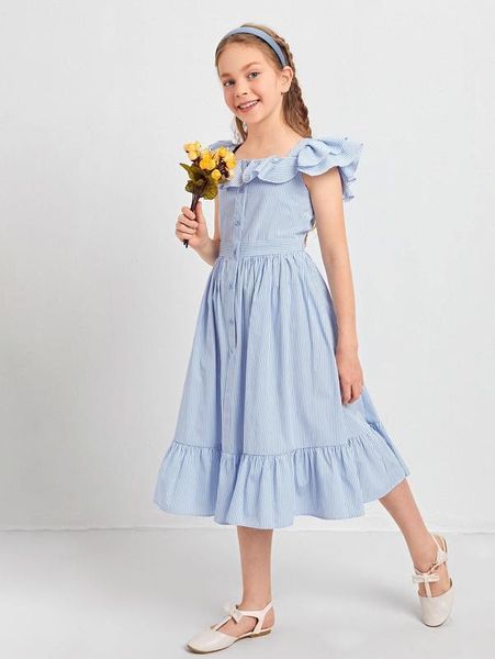

girls striped flounce sleeve dress she, Red;yellow