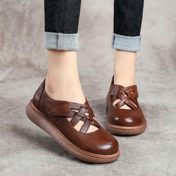 

dress shoes careaymade- retro style leather women's thin sponge cake platform soft bottom hook and loop deep mouth calf, Black