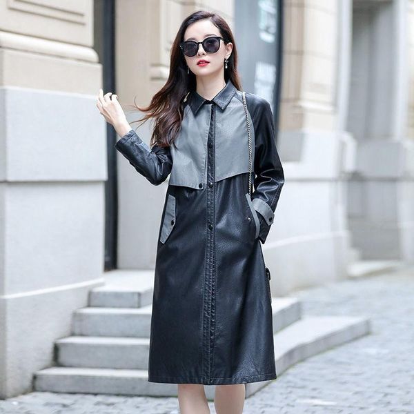 

women's leather & faux women 's jacket 2021 spring and autumn korean style youth long below the knee lapel sleeve slim, Black