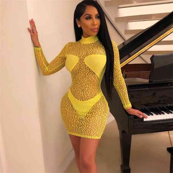 

women stylish mesh print dresses perspective neon yellow fashion mini bodycon slim club vestidos robes long sleeve 210517, Black;gray