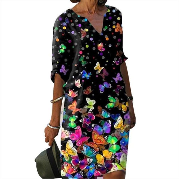

spring summer loose casual women dresses 3 4 cropped sleeves midi elegant vintage printed v neck plus size, Black;gray