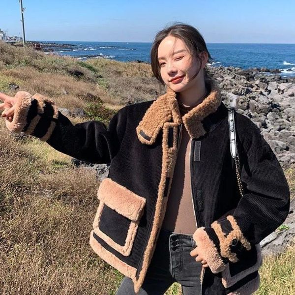

women's fur & faux women winter lamb fleece jacket female short corduroy coats, Black