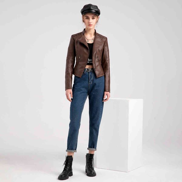 

women's leather & faux wixra women slim jackets zipper pockets pu coat stand collar cool streetwear spring autumn pi8d, Black