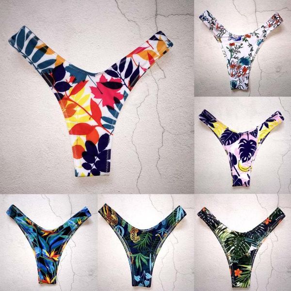 

woman bikini colorful leaf printed bathing swimming trunks one-piece thong bottom boho high waist swimwear beachwear two-piece suits