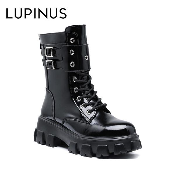 

boots lupinus platform ankle women fashion zipper woman patent leather black lace-up shoes