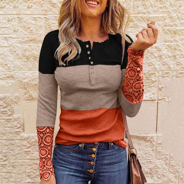 

women's t-shirt modis lace long sleeve t-shirts o-neck front button tunic shirt street ladies patchwork color slim tee #g4, White