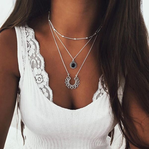 

pendant necklaces crystal multilayer necklace for women boho flower choker vintage fashion collar party jewelry, Silver