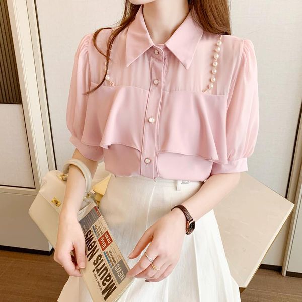 

women's blouses & shirts 2021 summer style niche design lapel pearl chain ruffle stitching chiffon shirt women, White