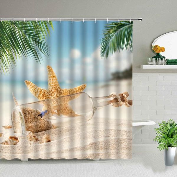 

shower curtains starfish conch poster bathroom palm tree seaside beach ocean scenery waterproof fabric bath curtain with hooks