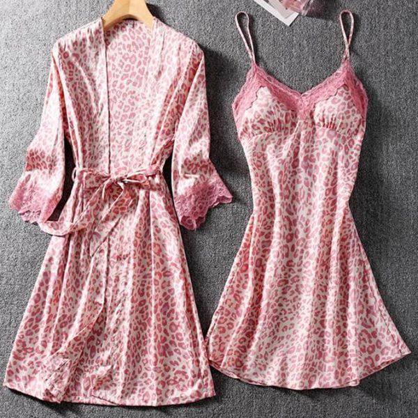 

women's sleepwear women leopard kimono robe gown summer satin nightgown 2pcs nighty&robe set lace intimate lingerie home wear, Black;red