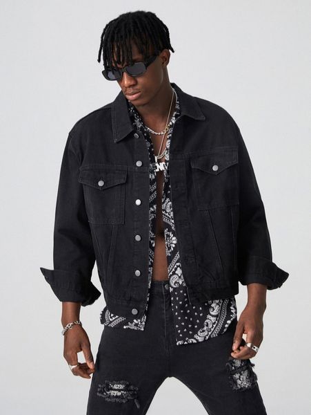 

men flap pocket drop shoulder denim jacket u0qb#, Blue