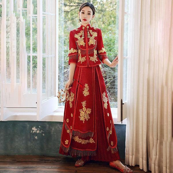 

chinese women embroidery flower cheongsam wedding dress vintage slim qipao noble marriage gift classic toast clothing ethnic, Red