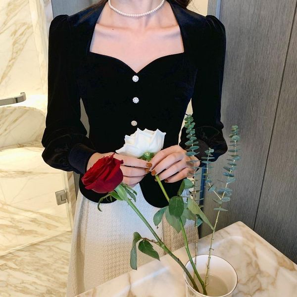 

women's blouses & shirts 2021 autumn and winter slim velvet women party korean fashion black y2k blouse button up long sleeve office l, White