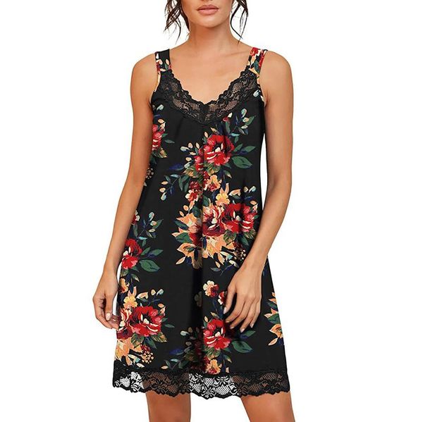 

casual dresses 2021 sleeveless women's sleepwear soft lace neck night gowns summer v-neck home wear girls sleep lounge loose dress #tg, Black;gray