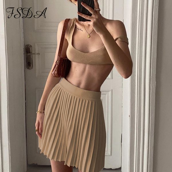 

2021 khaki women set knit summer sleeveless crop and mini skirts a line pleated two piece sets beach outfits party, Black;white