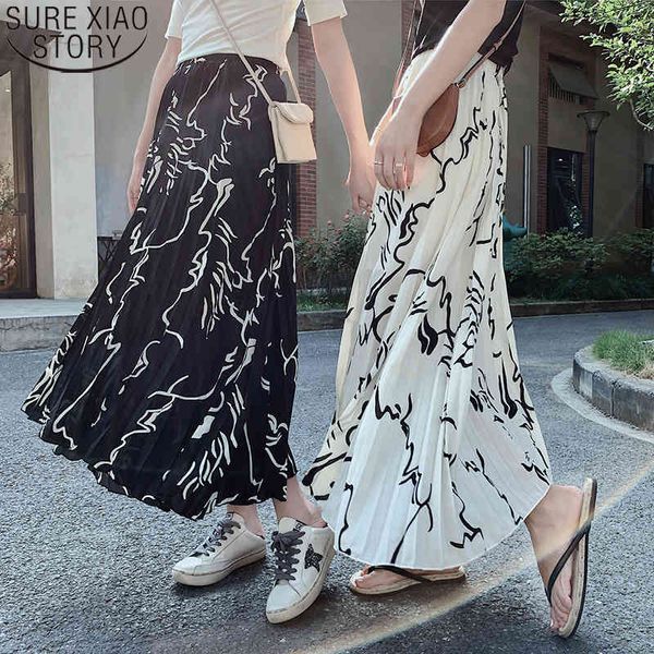 Женщины плиссированные женские летние моды нерегулярные полосатые печатные шифоновые юбки высокая талия лодыжки длиной длиной 10009 210417