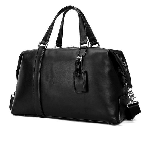 

duffel bags big capacity genuine cow leather travel men women soft black fit 15.6 inch lapshoulder bag business