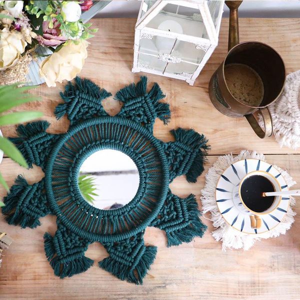 

mirrors modern boho macrame round big green wall mirror make up handmade woven decorative for bedroom babyroom decor