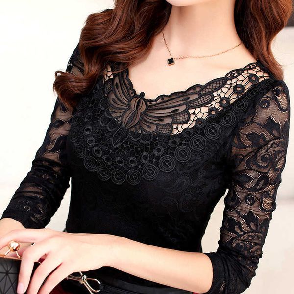 Hollow out lace blusa elegante camisa senhoras tops m-4xl crochê manga comprida bordado bordado mulheres blusas DF1296 210609
