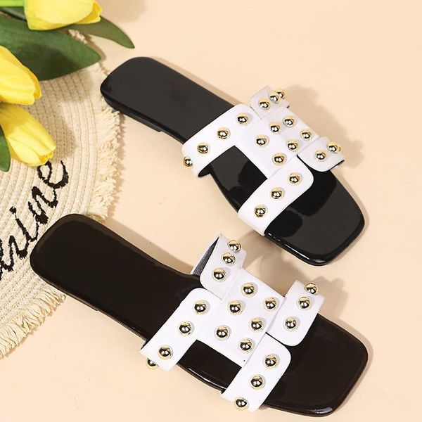

slippers women's summer indoor morden shoes outdoor leather soft bottom big chain candy color flat heel beach sandalias 2021, Black