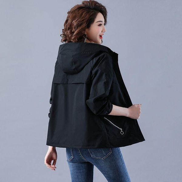 

women's jackets spring autumn women loose windbreaker korean plus size long sleeve hooded coat casual female solid color jacket outwear, Black;brown