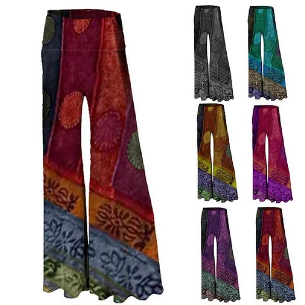 

women's pants & capris ethnic trousers 2021 style printed wide-leg show legs long flared, Black;white