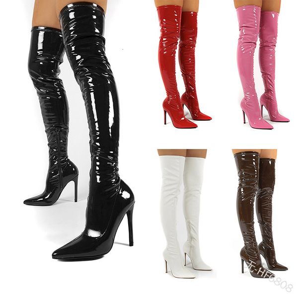

2021 slim heel solid color night club style knee high large size lacquered leather boots hf6808, Black