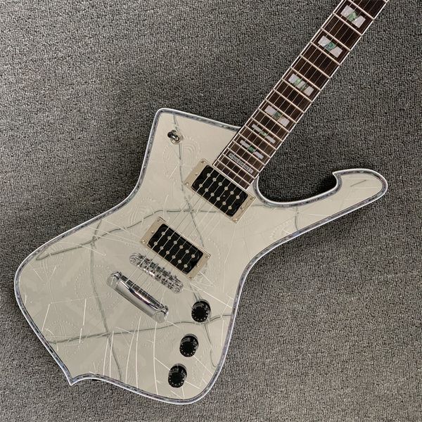 

custom mirror, broken mirror glass electric guitar, gold purple, mirror crack