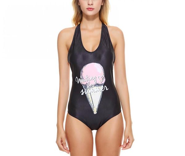 

black one piece swimsuit women cute ice cream print swimwear female bathing suits beachwear backless monokini s-xl one-piece