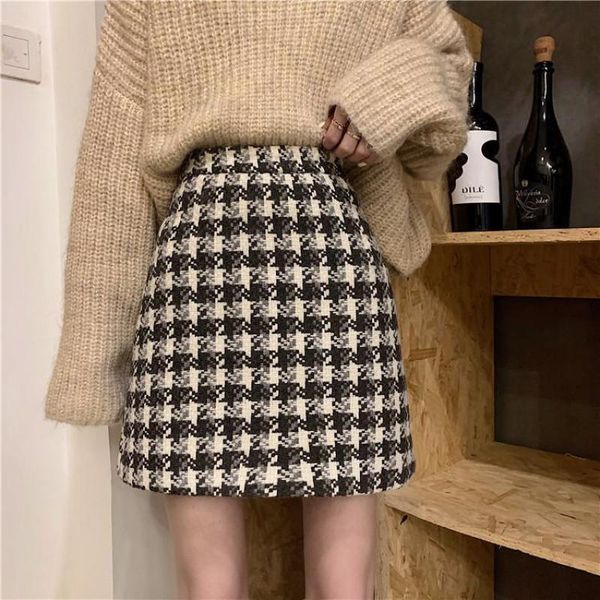 

autumn & winter arrivals high waist slimming fashion simple wild plaid casual women a-line mini skirt skirts, Black