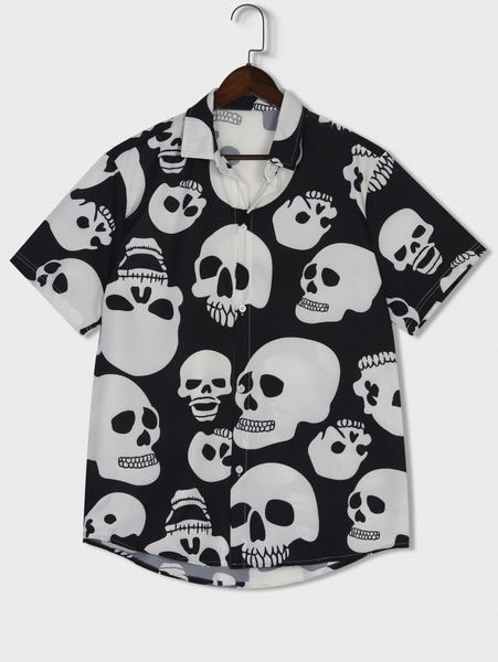 

romwe guys allover skull print curved hem shirt y60f#, White;black