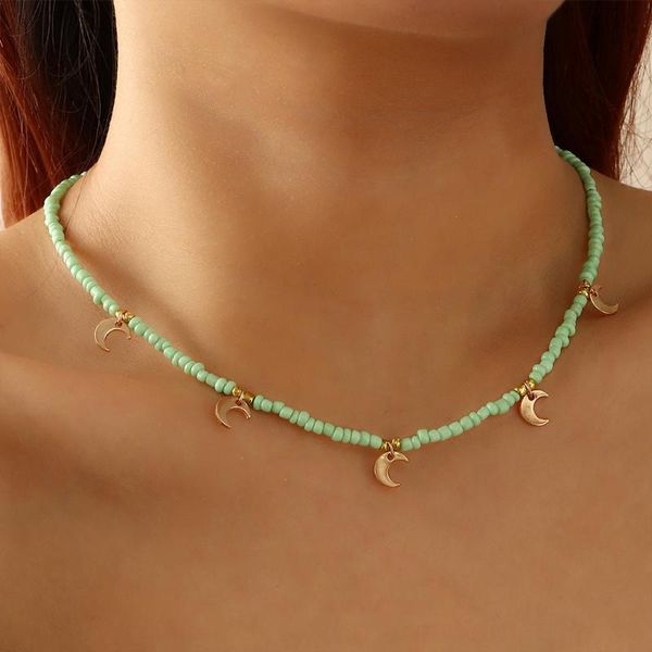

chains fresh and simple moon pendant rice bead necklace bohemian color pure beaded jewelry accessories female, Silver