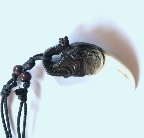

15 pcs men's imitation vintage yak bone carved elephant double color necklace amulet tooth adjustable rope gift, Silver