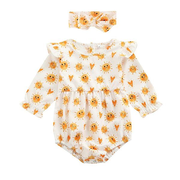 

rompers 2 pcs born casual outfits toddler baby girls printed sleeve round neck playsuit + bow headband clothes for borns, Blue