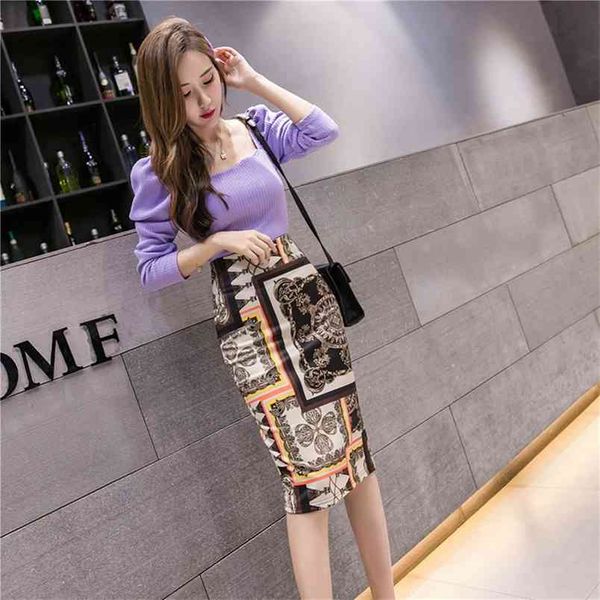 

women's pencil skirts retro flower print high waist elastic slim tube skirts girl ladies summer euro female falda 34047 210506, Black