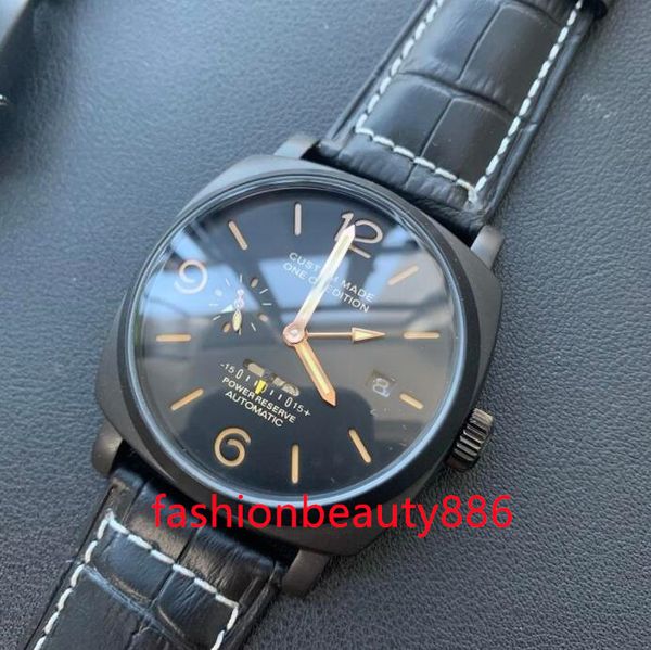 

gmt 47mm black dial men's seagull automatic movement watch 316l pvd steel case leather strap luminous waterproof mechanical595t, Slivery;brown