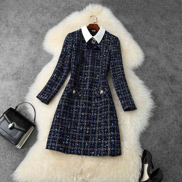 

casual dresses european and american women's clothing autumn style long-sleeved bow lapel beaded plaid tweed fashion dress ltwi, Black;gray