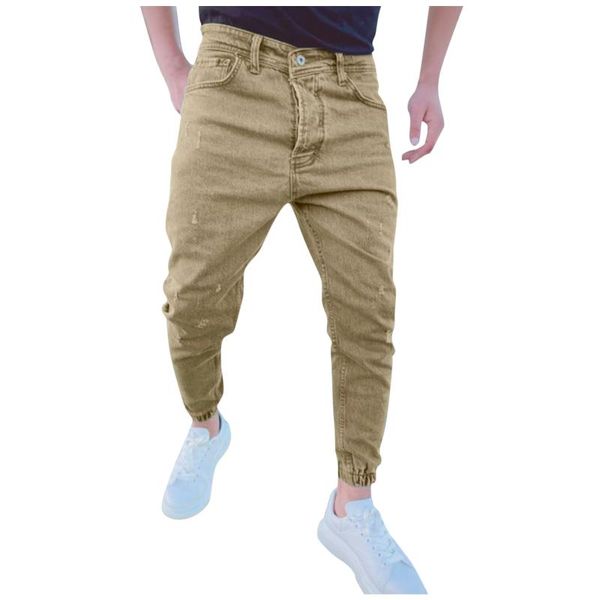 

men's jeans scratched trousers pocket pencil casual denim pants zipper, Blue